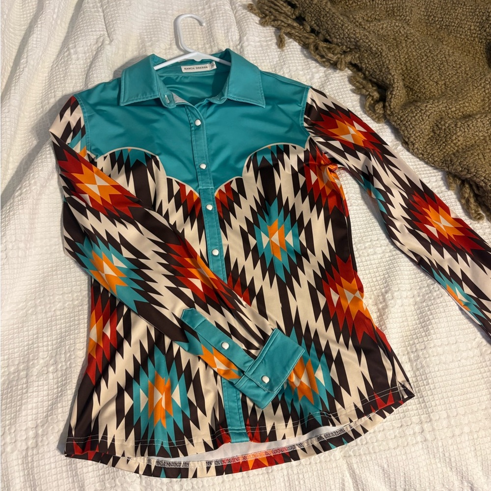 Turquoise Aztec Print Western-Style Women’s Shirt